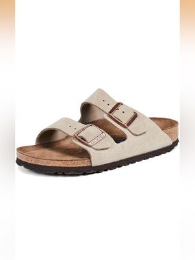 Birkenstock Arizona Suede Sandal in Beige with Rose Gold Buckles